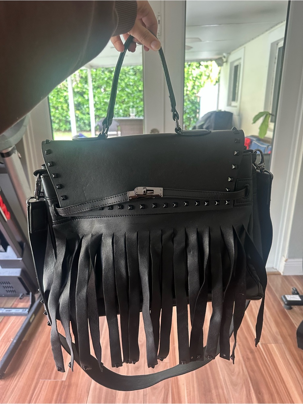 Black Fringe Studded Top-Handle Women’s Handbag